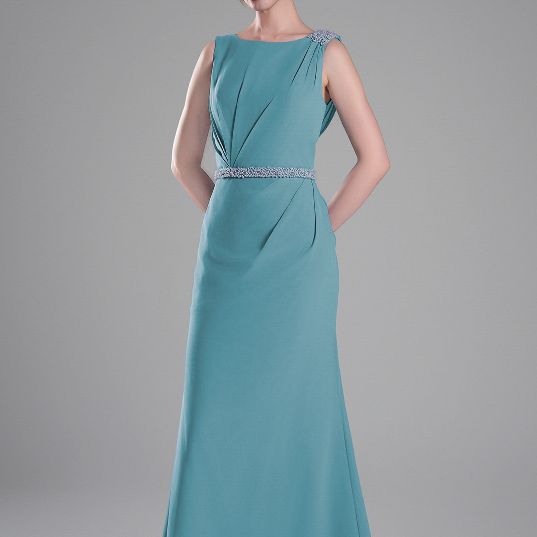 Boat Neck Embellished Draped Back Dresses