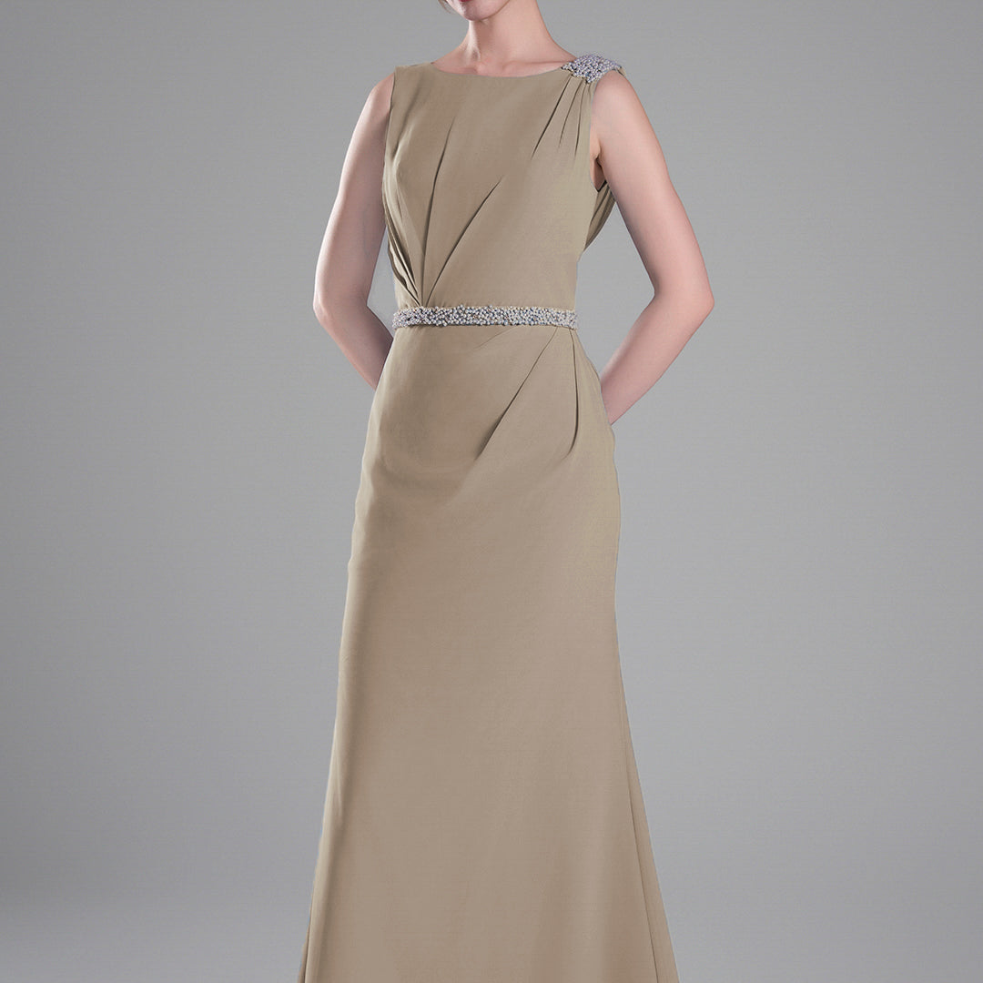 Boat Neck Embellished Draped Back Dresses