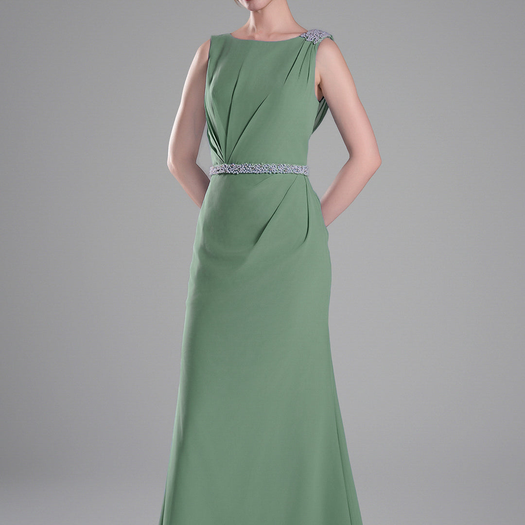 Boat Neck Embellished Draped Back Dresses