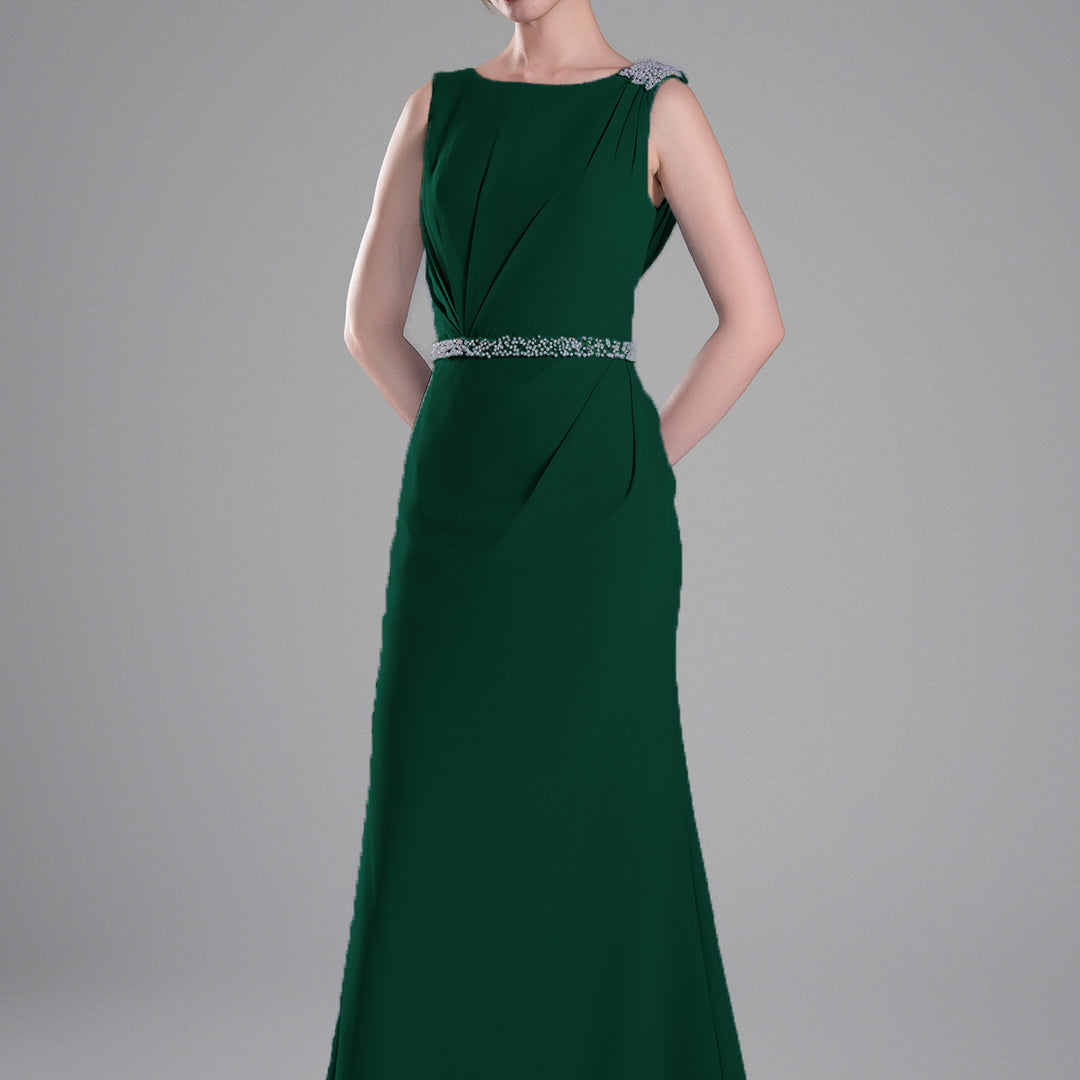 Boat Neck Embellished Draped Back Dresses