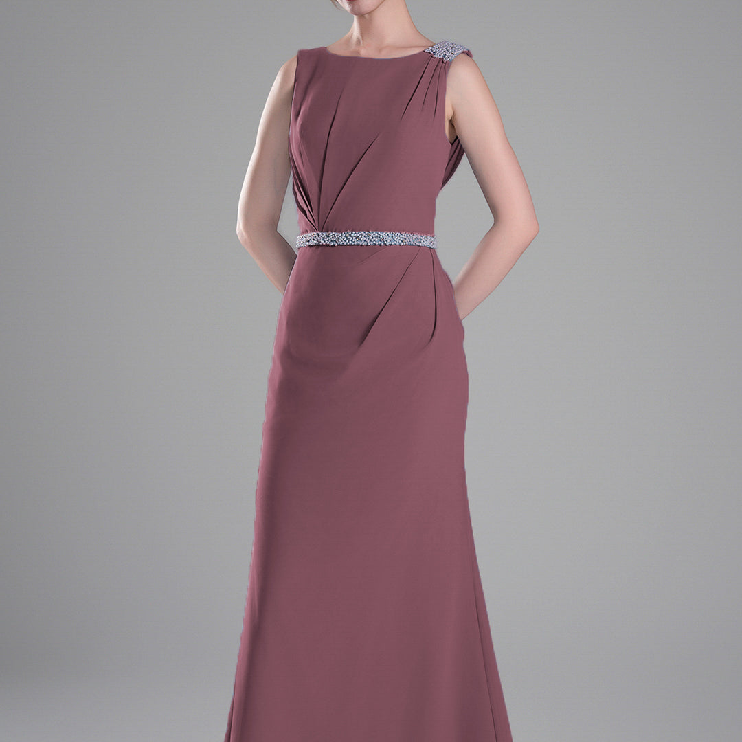 Boat Neck Embellished Draped Back Dresses