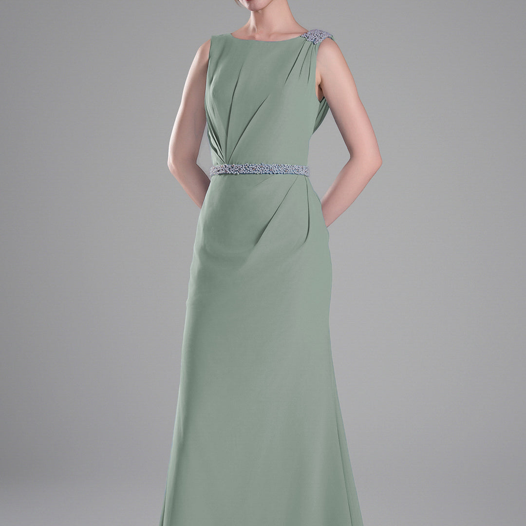 Boat Neck Embellished Draped Back Dresses