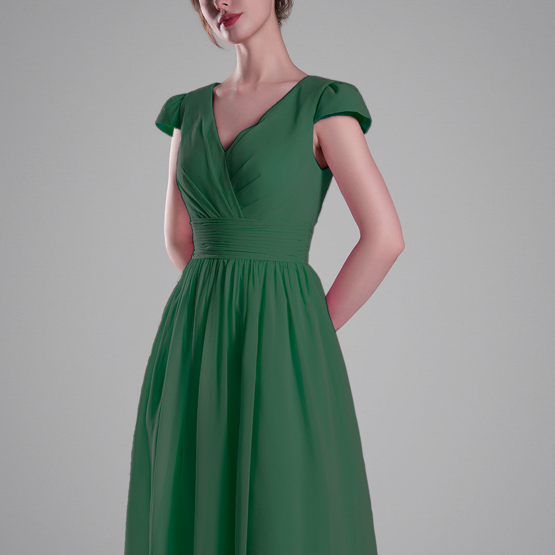 V-Neck Pleated Bodice Cinched Waist Mini Dresses