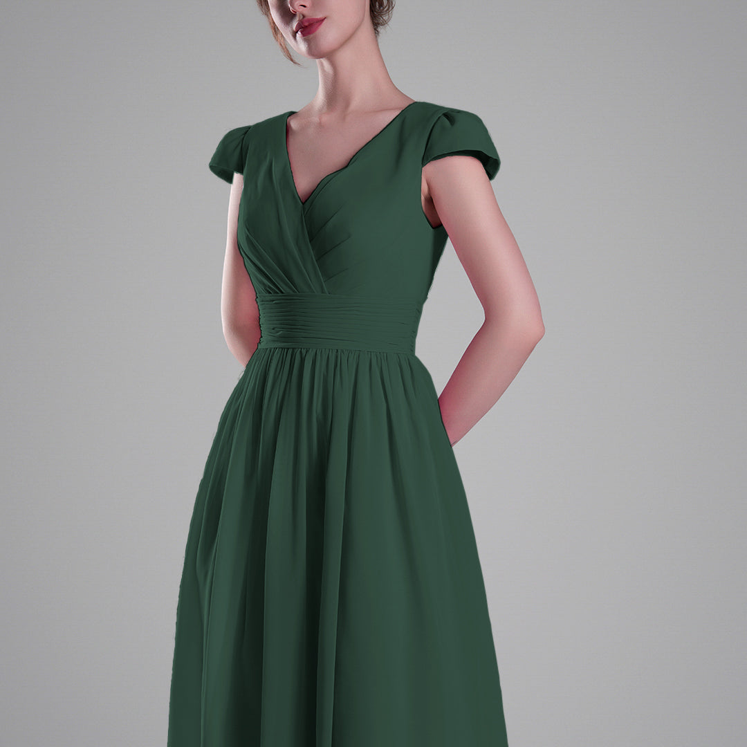 V-Neck Pleated Bodice Cinched Waist Mini Dresses