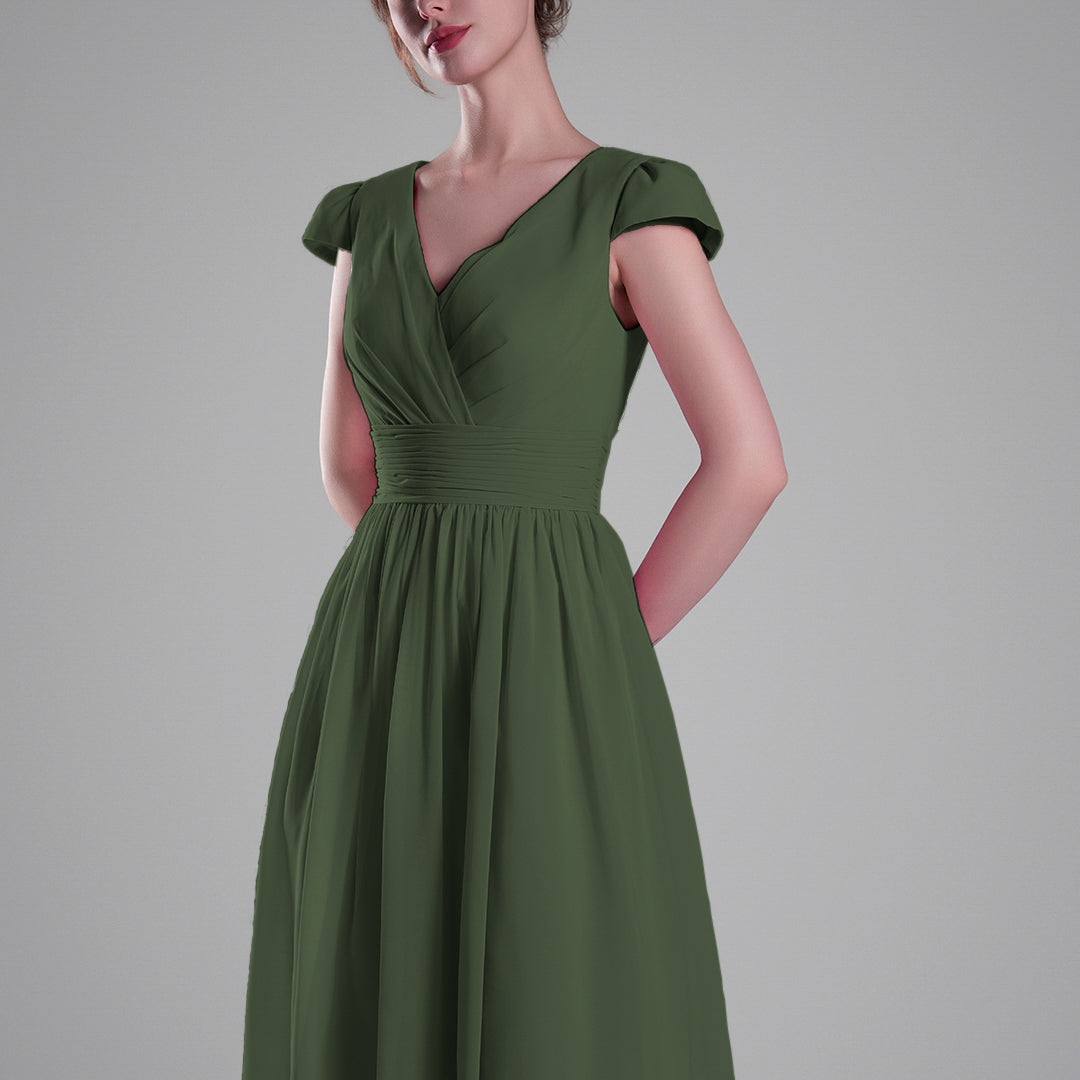 V-Neck Pleated Bodice Cinched Waist Mini Dresses