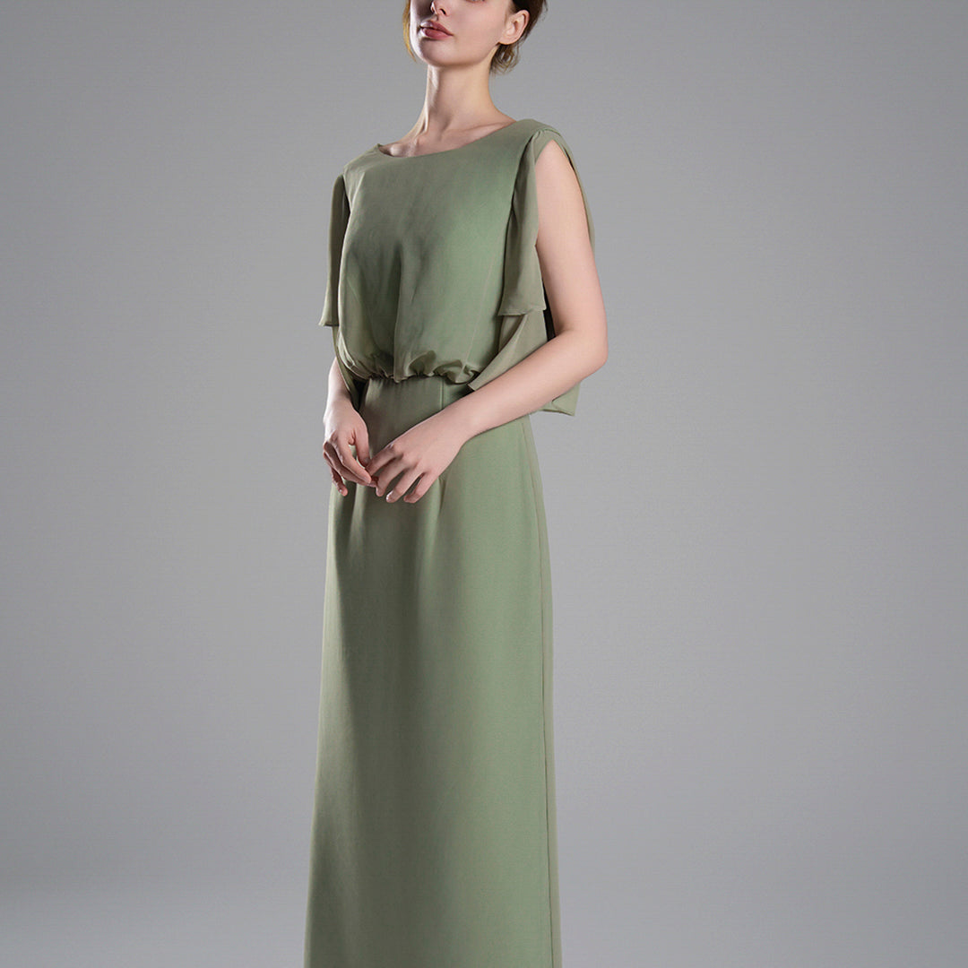 Round Neck Cut Sleeves Gathered Waist Dresses