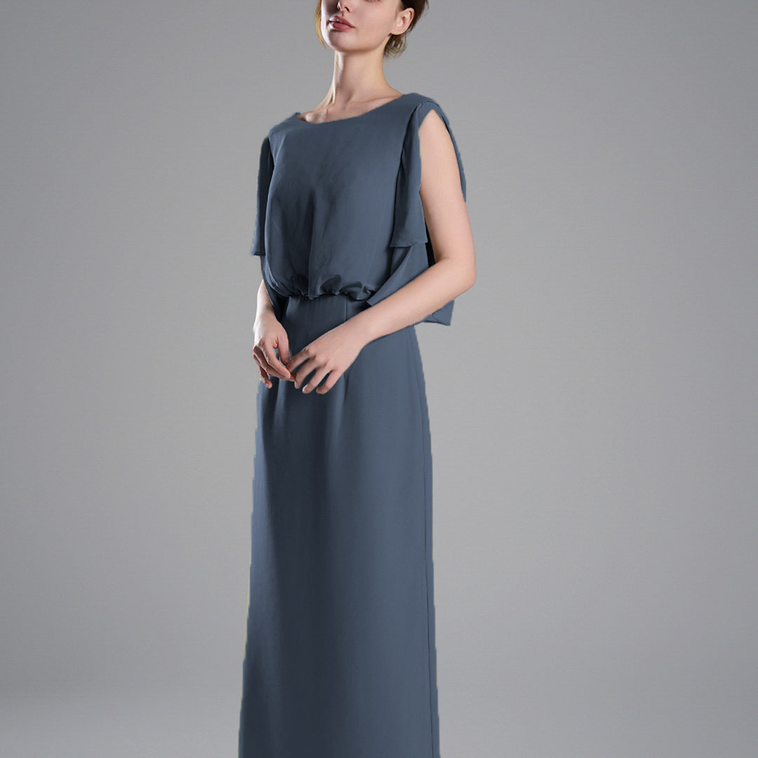 Roung Neck Cut Sleeves Gathered Waist Dresses