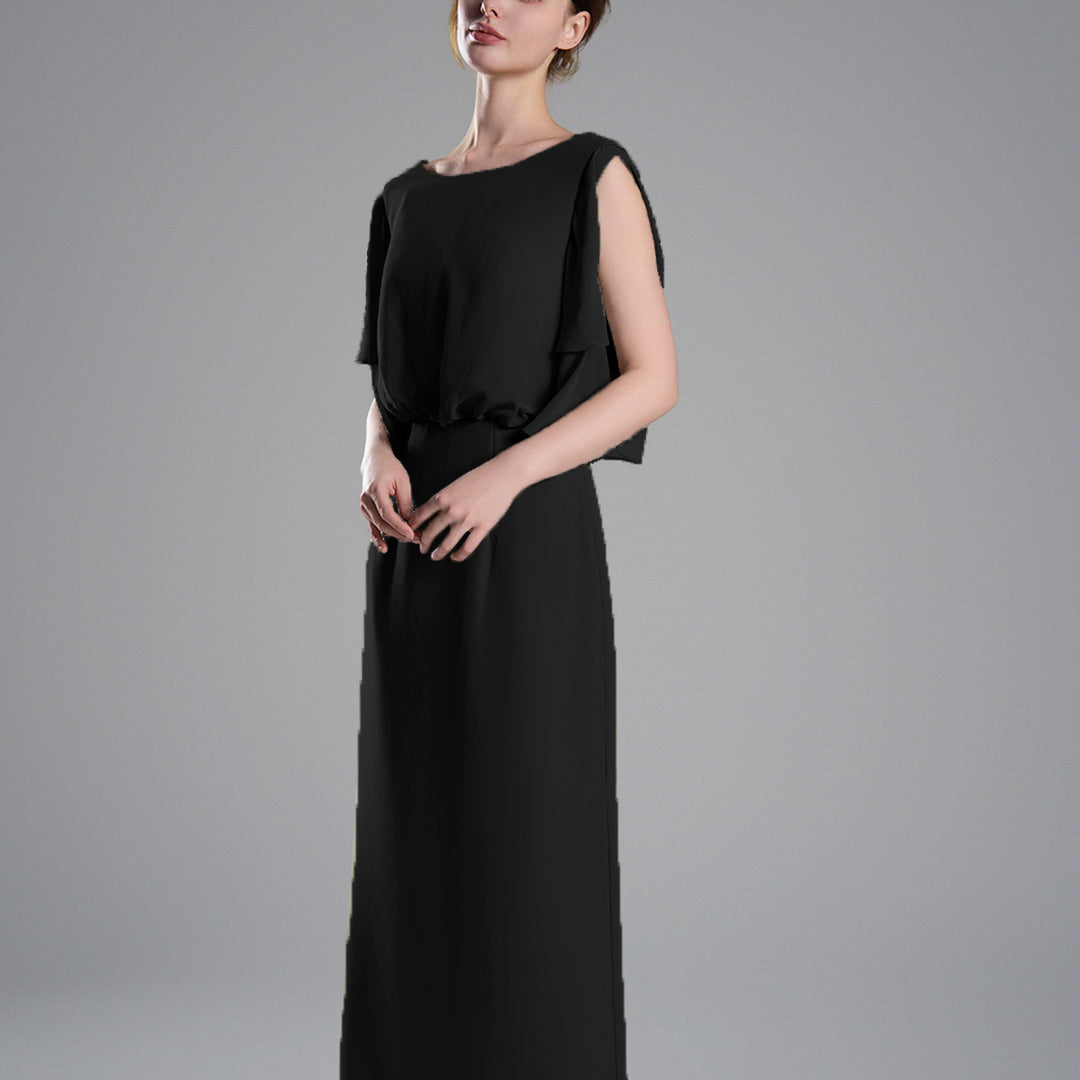 Round Neck Cut Sleeves Gathered Waist Dresses