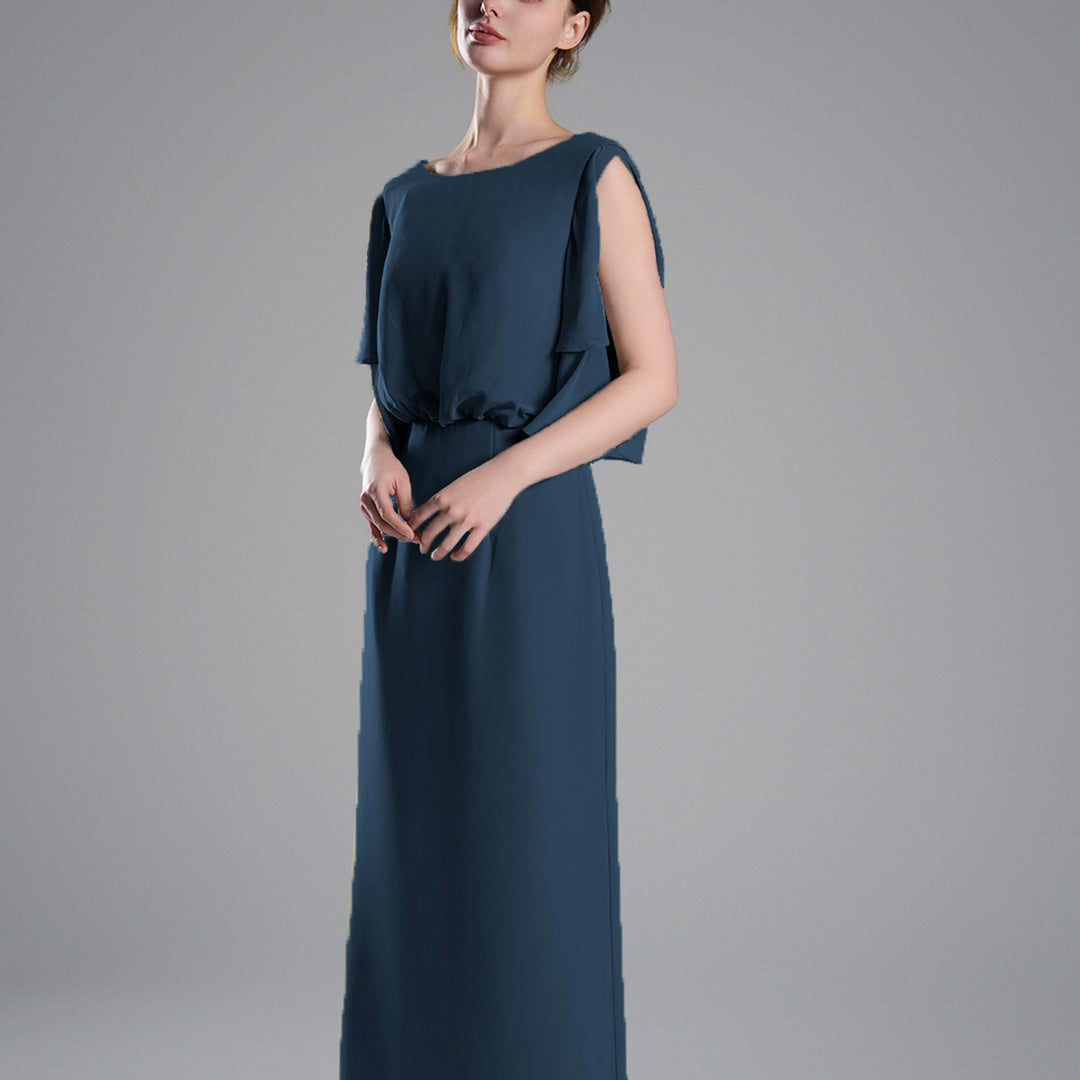 Roung Neck Cut Sleeves Gathered Waist Dresses