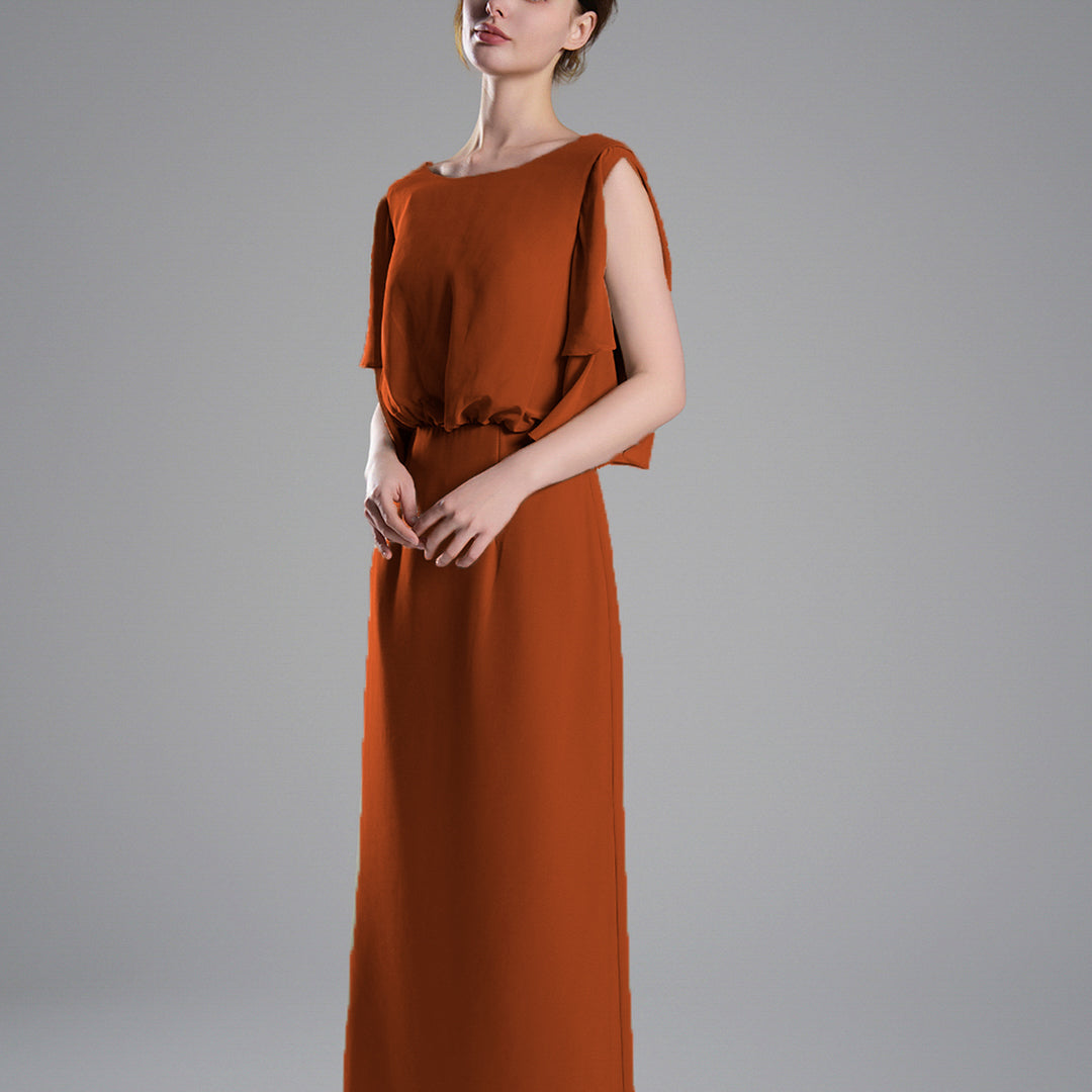 Roung Neck Cut Sleeves Gathered Waist Dresses