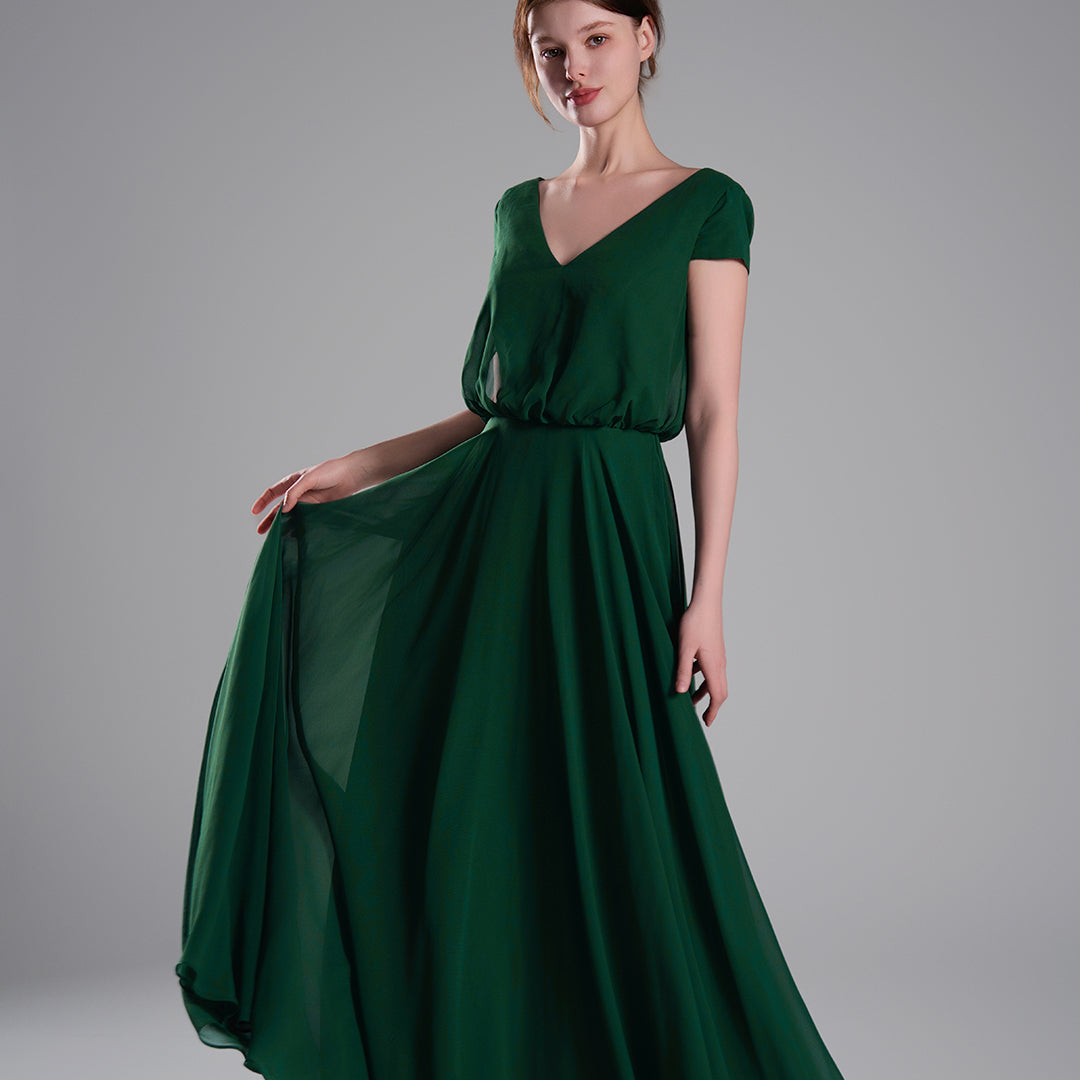 V-Neck Cap Sleeves Open Back Dresses