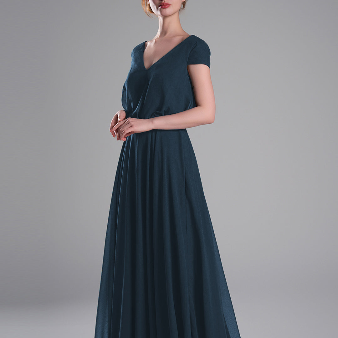 V-Neck Cap Sleeves Open Back Dresses