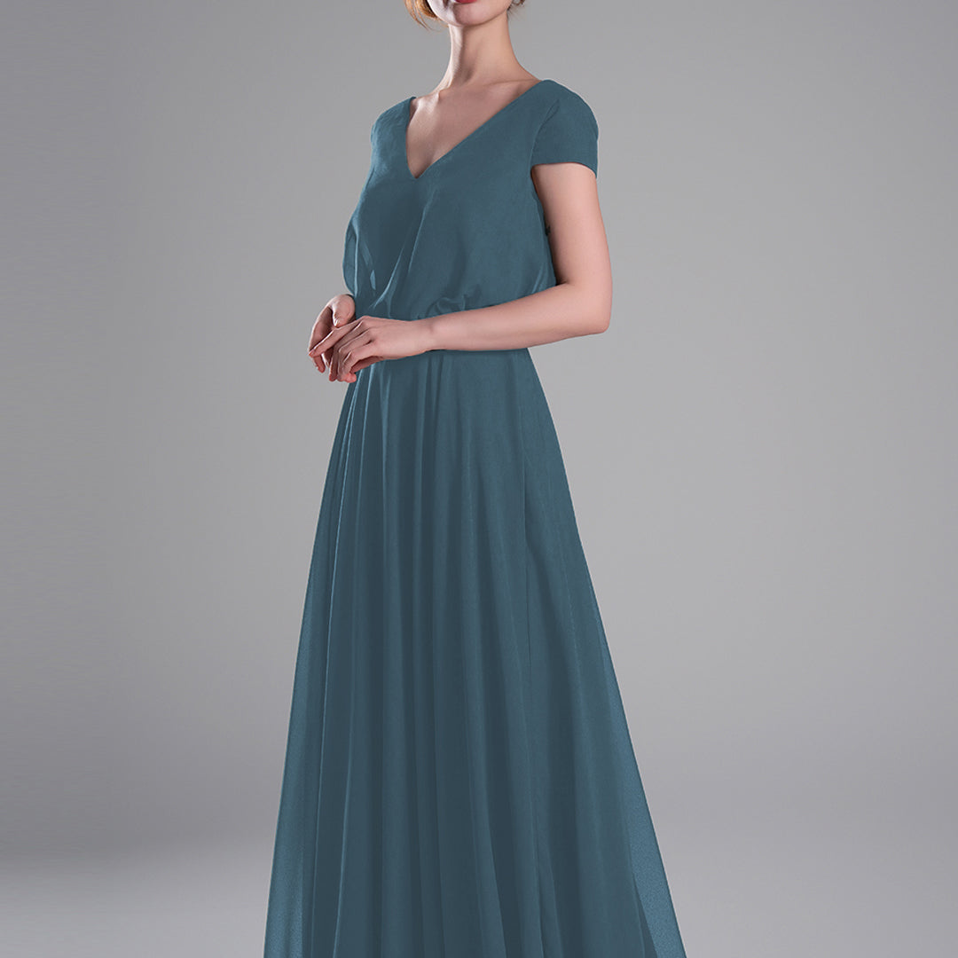 V-Neck Cap Sleeves Open Back Dresses