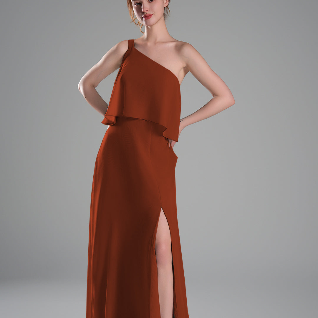One-Shoulder Pleated Side Slit Flowing Dresses