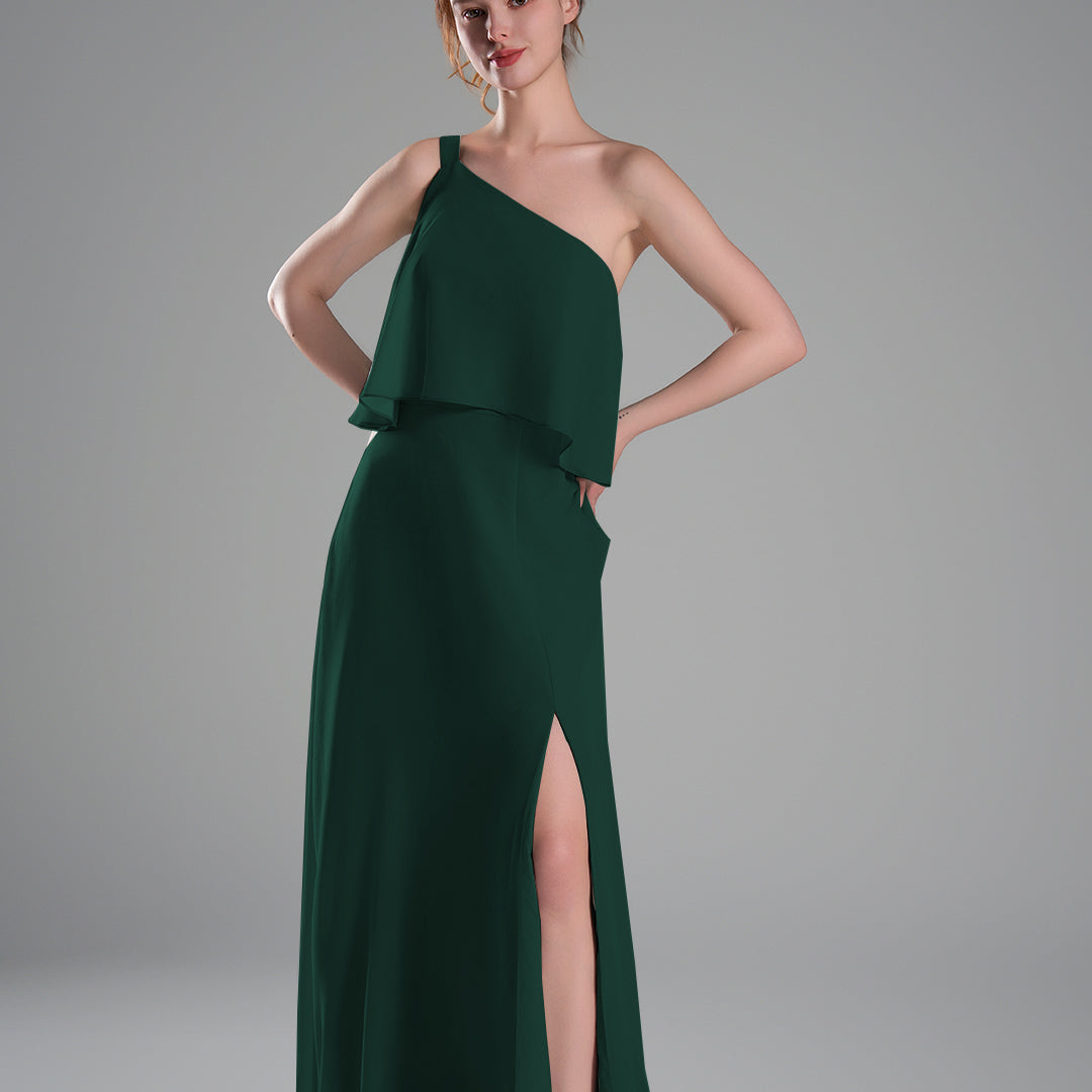 One-Shoulder Pleated Side Slit Flowing Dresses