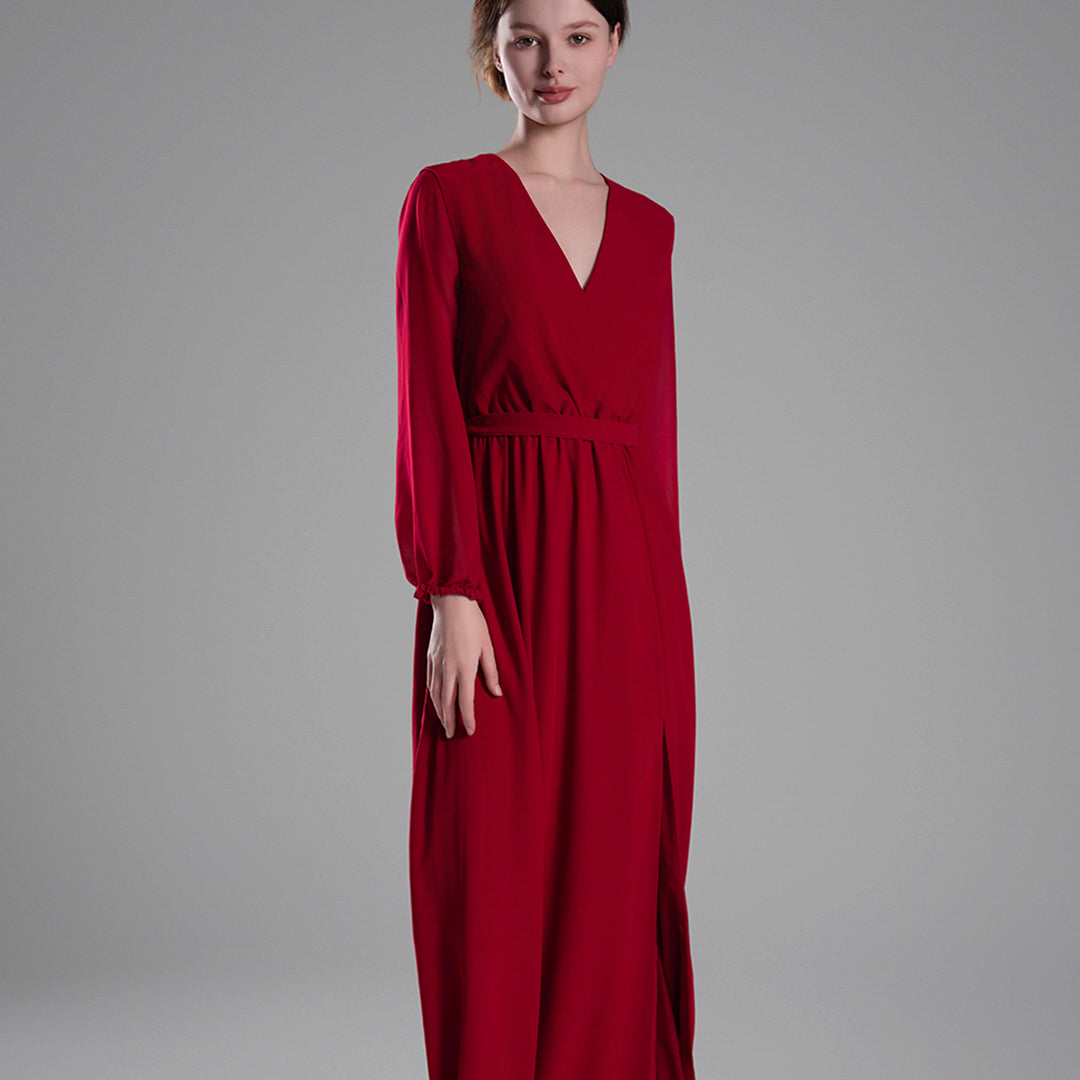 V-Neck Elegant Long Sleeves Flared Slit Dresses