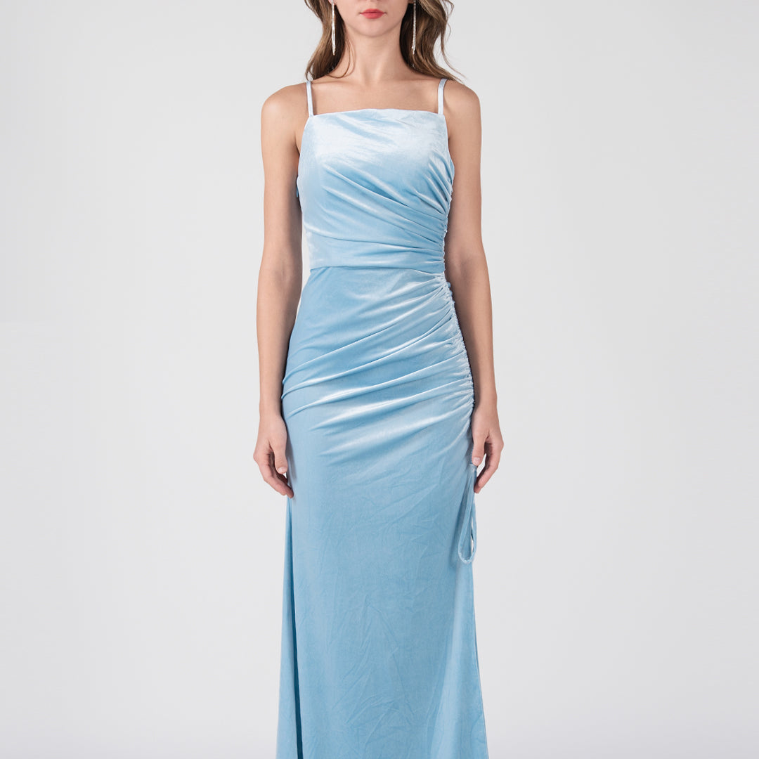 Square-Neck Side Pleated And Slit Dresses