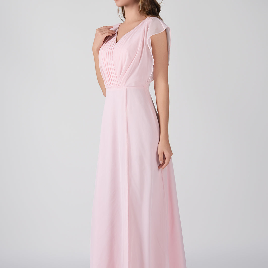 V-Neck Flutter Sleeves Pleats A-Line Maxi Dress