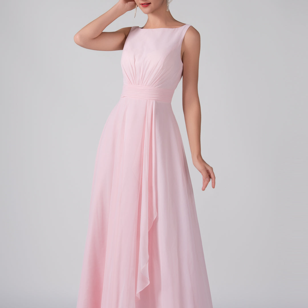 Bateau Neckline Sleeveless Ruched A-Line Maxi Dress