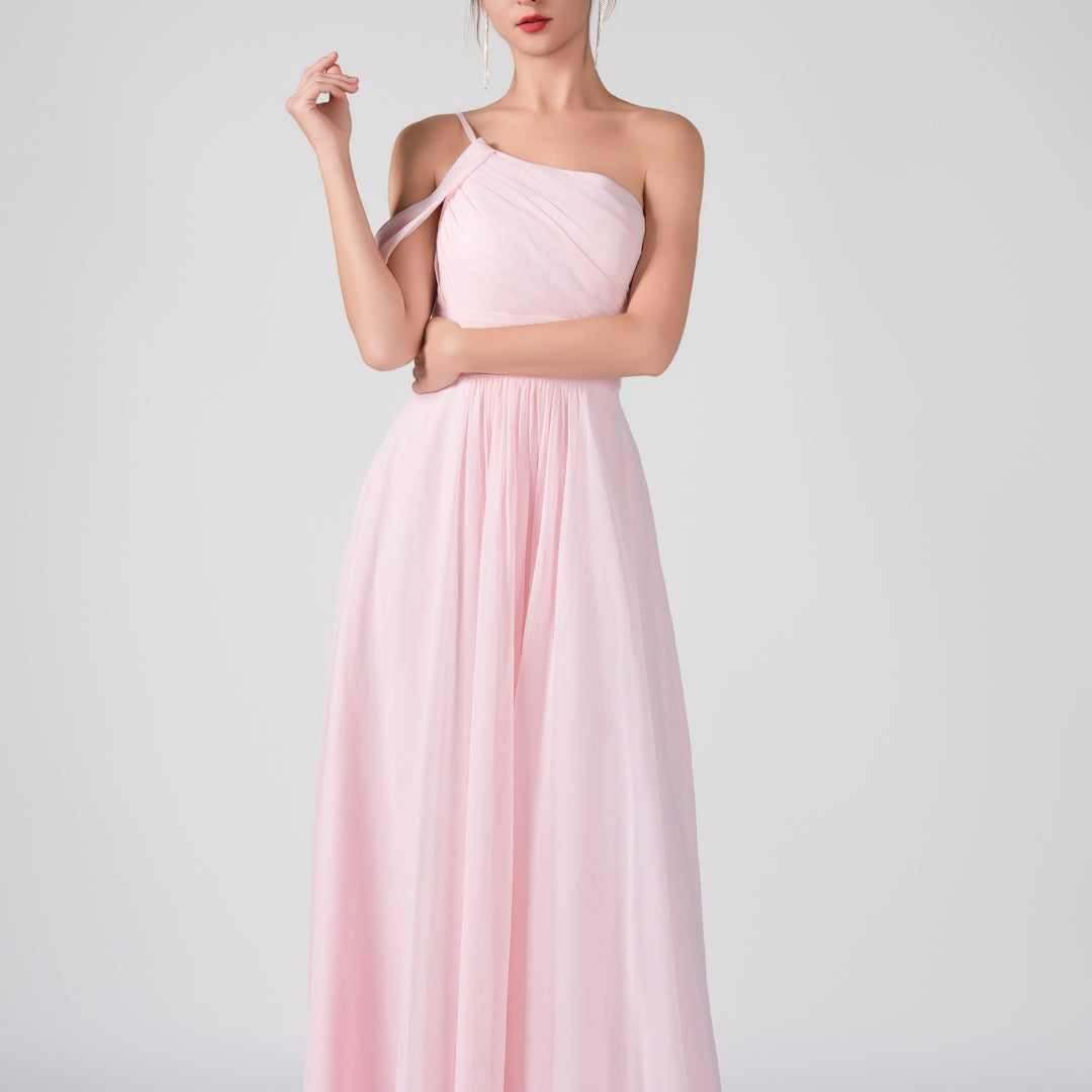 One Shoulder Off Shoulder Sleeve Ruched Bodice A-Line Maxi Dress