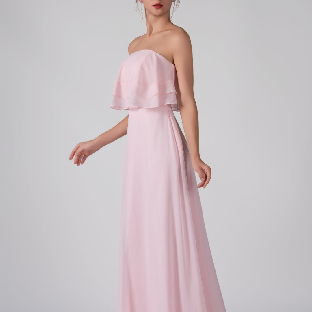 Robe trapèze en mousseline de soie sans bretelles à volants, longueur au sol