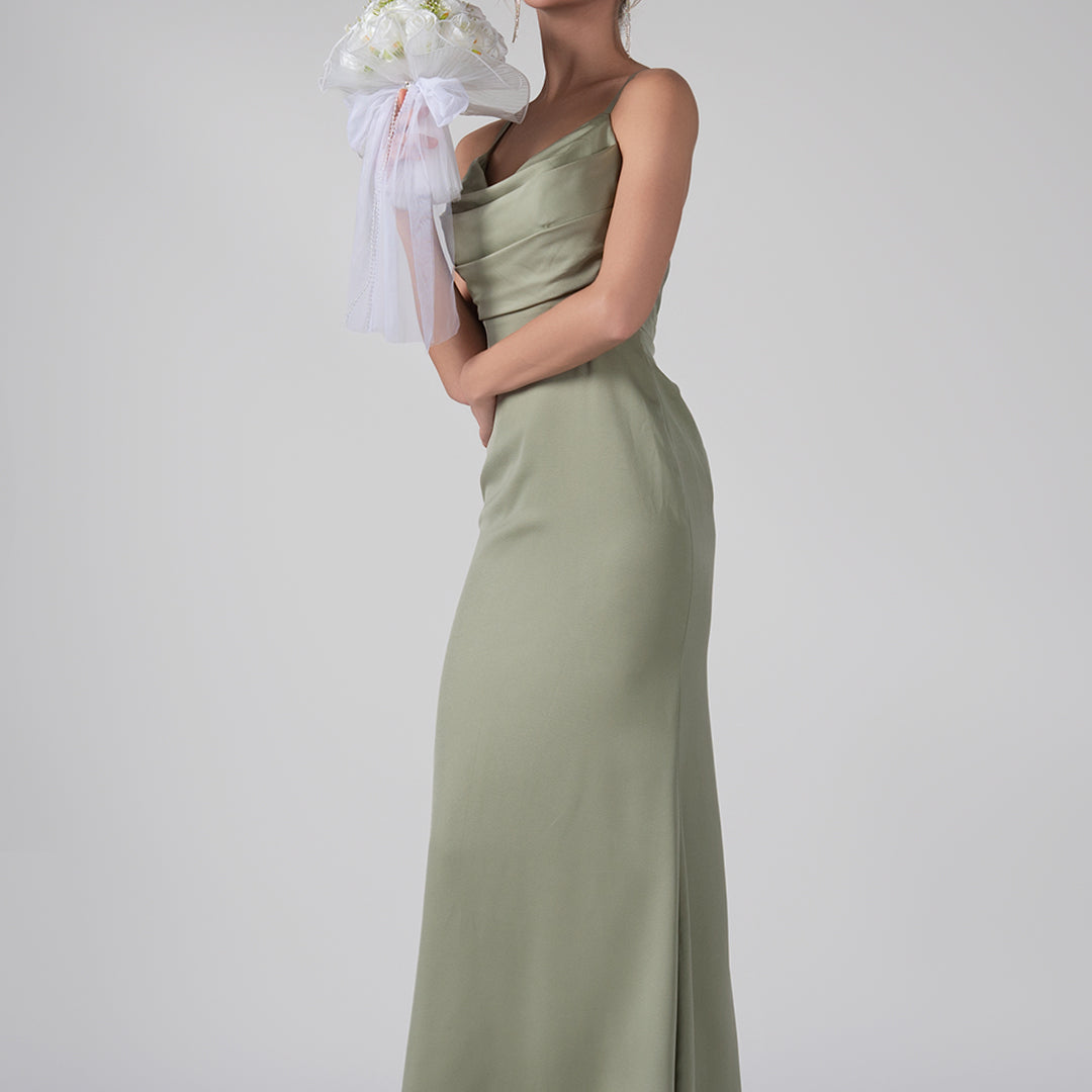 Spaghetti Straps Cowl Neck Ruffles Sheath Maxi Dress