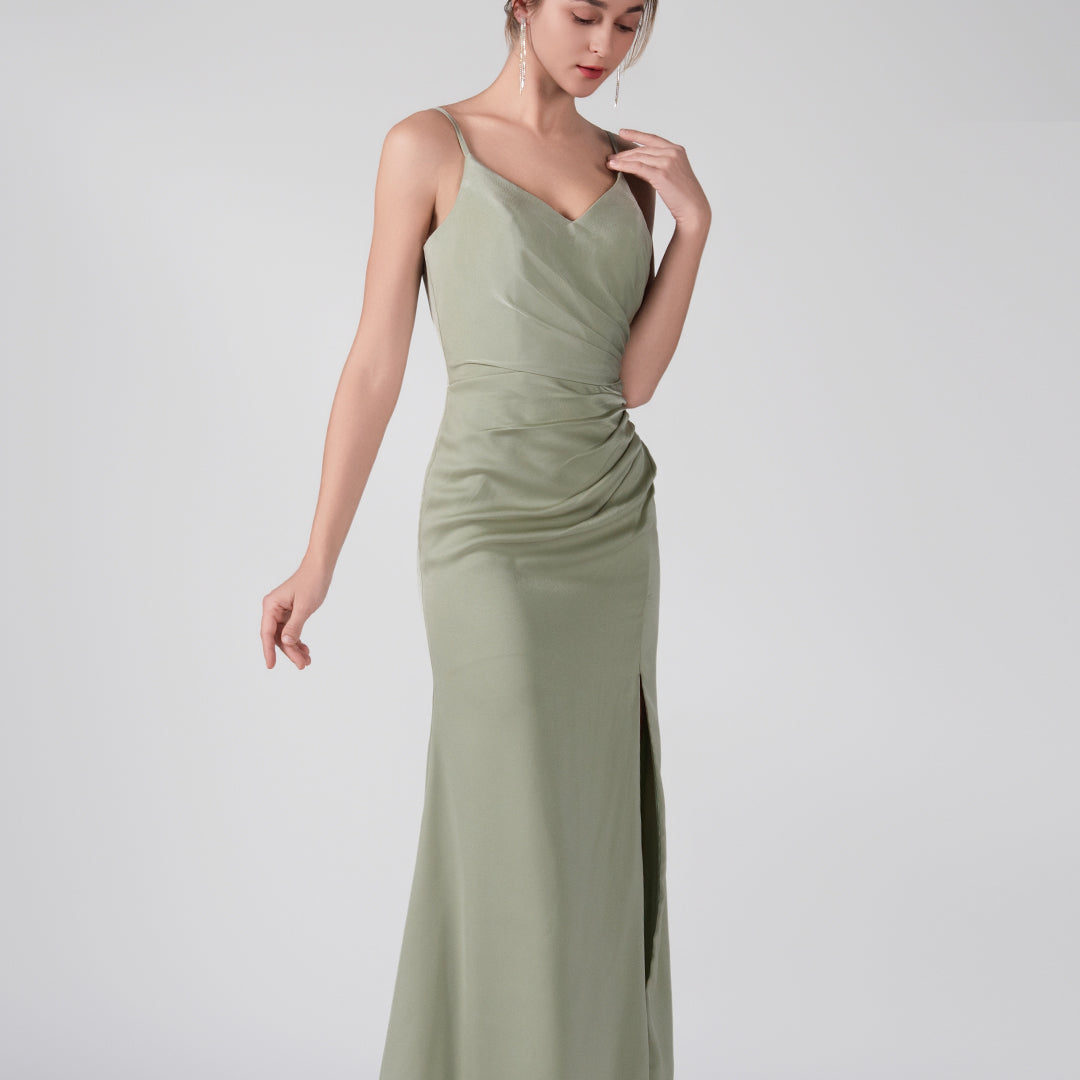 V-Neck Spaghetti Straps Front Split Ruffles Maxi Dress