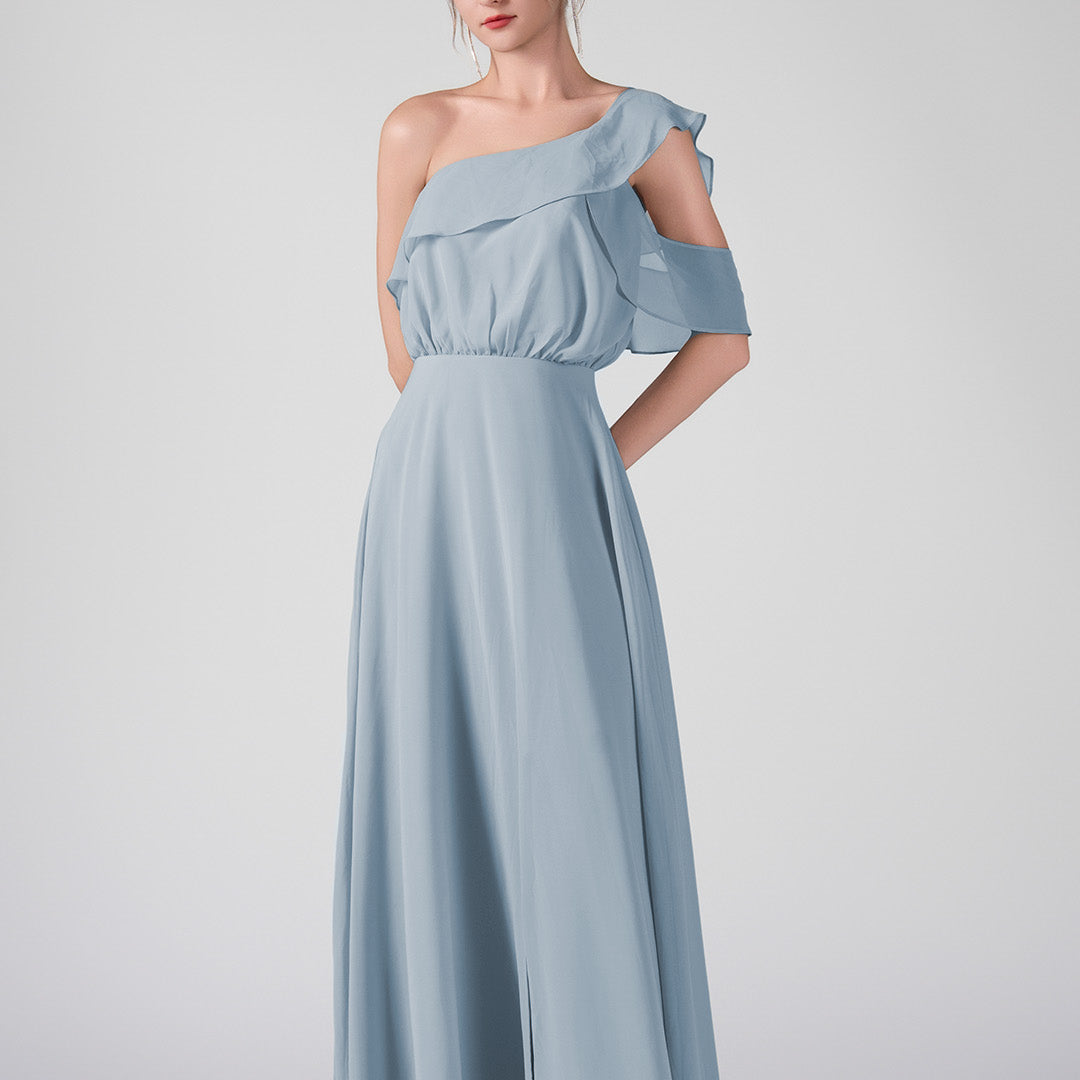 One Shoulder Ruffled Sleeves Front Split A-Line Maxi Dress