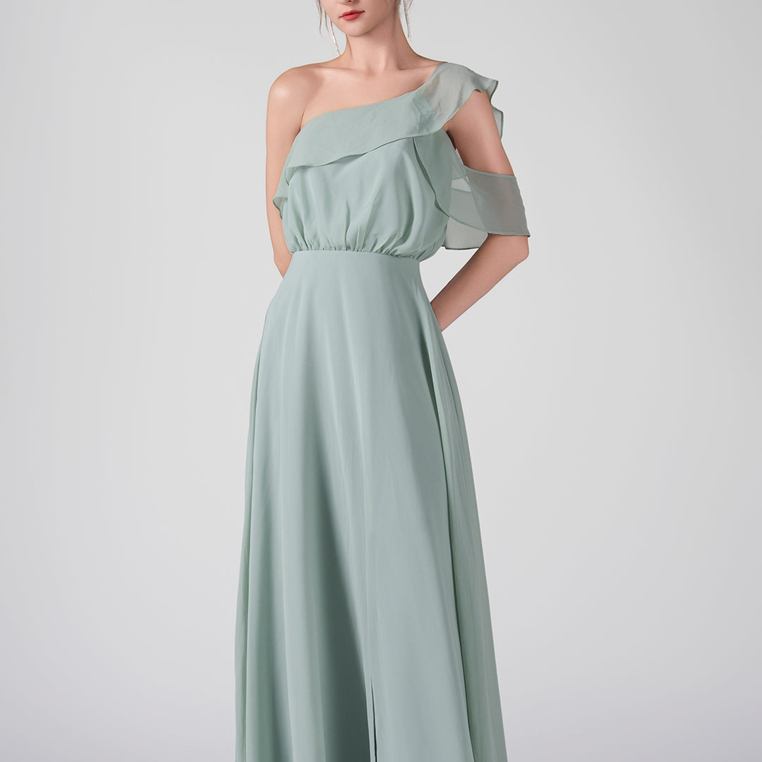 One Shoulder Ruffled Sleeves Front Split A-Line Maxi Dress