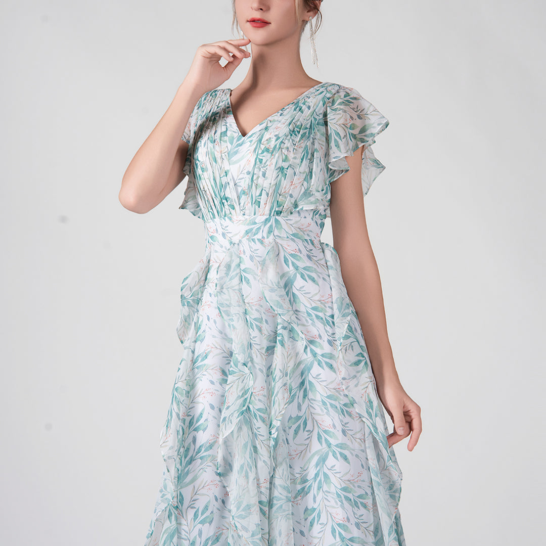 V-Neck Flutter Sleeves Ruffles Flowy Hemline Dresses