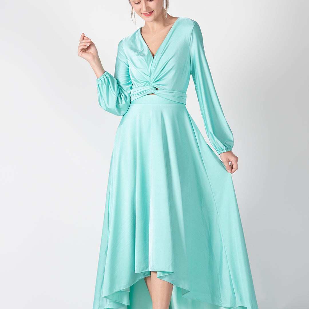V-Neck Twist Front Detail High-Low Dresses
