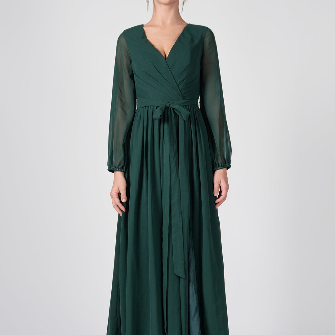 Ruched V-Neck Long Sleeve Split Maxi Dresses with Tie