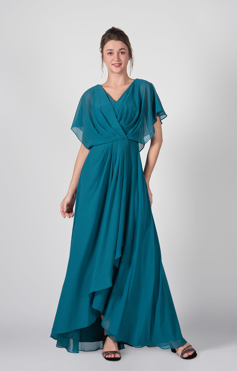 V-neck Ruched A-Line Chiffon Dresses with Cape – Alizeal