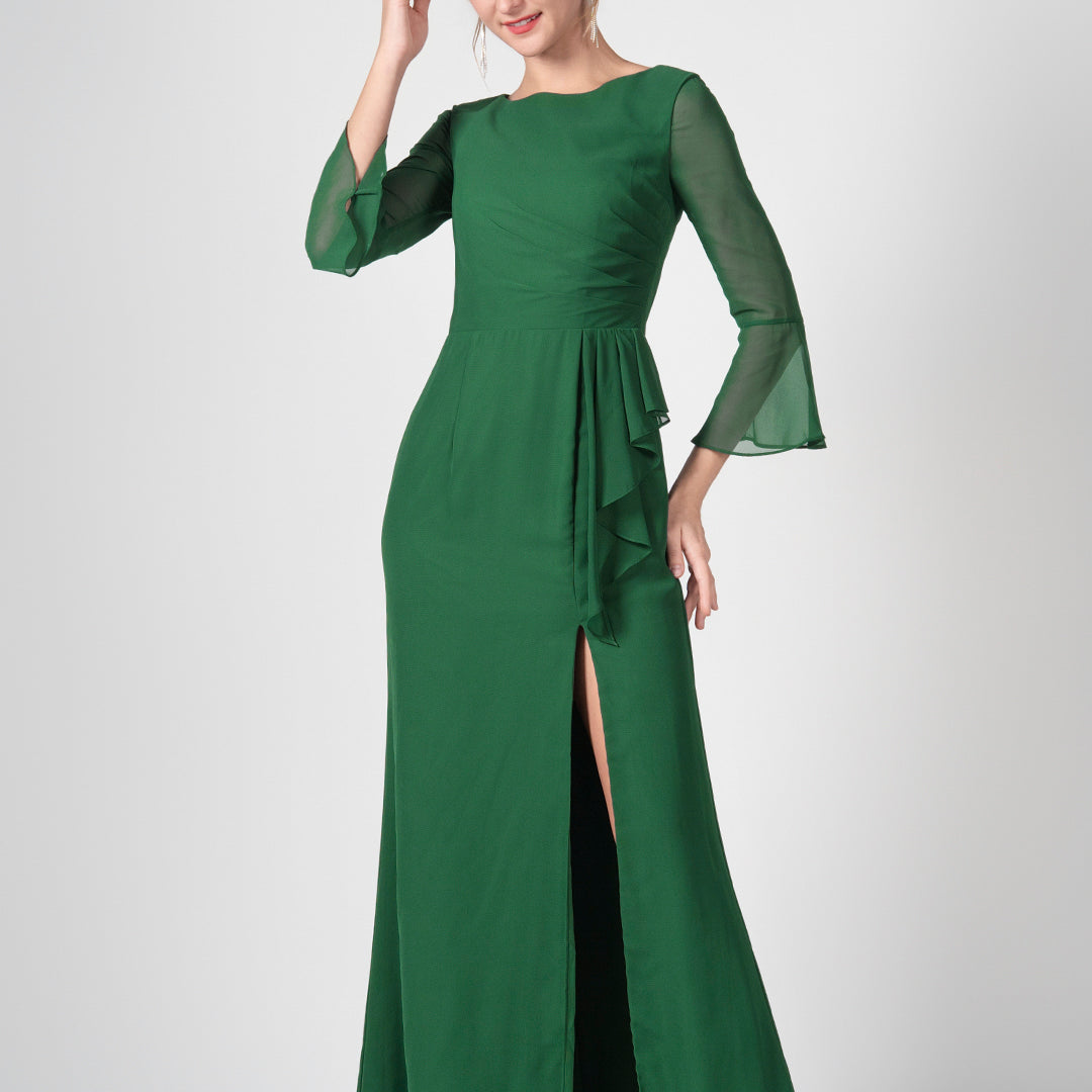 Bateau Neck Sheer Sleeve Split Maxi Dresses