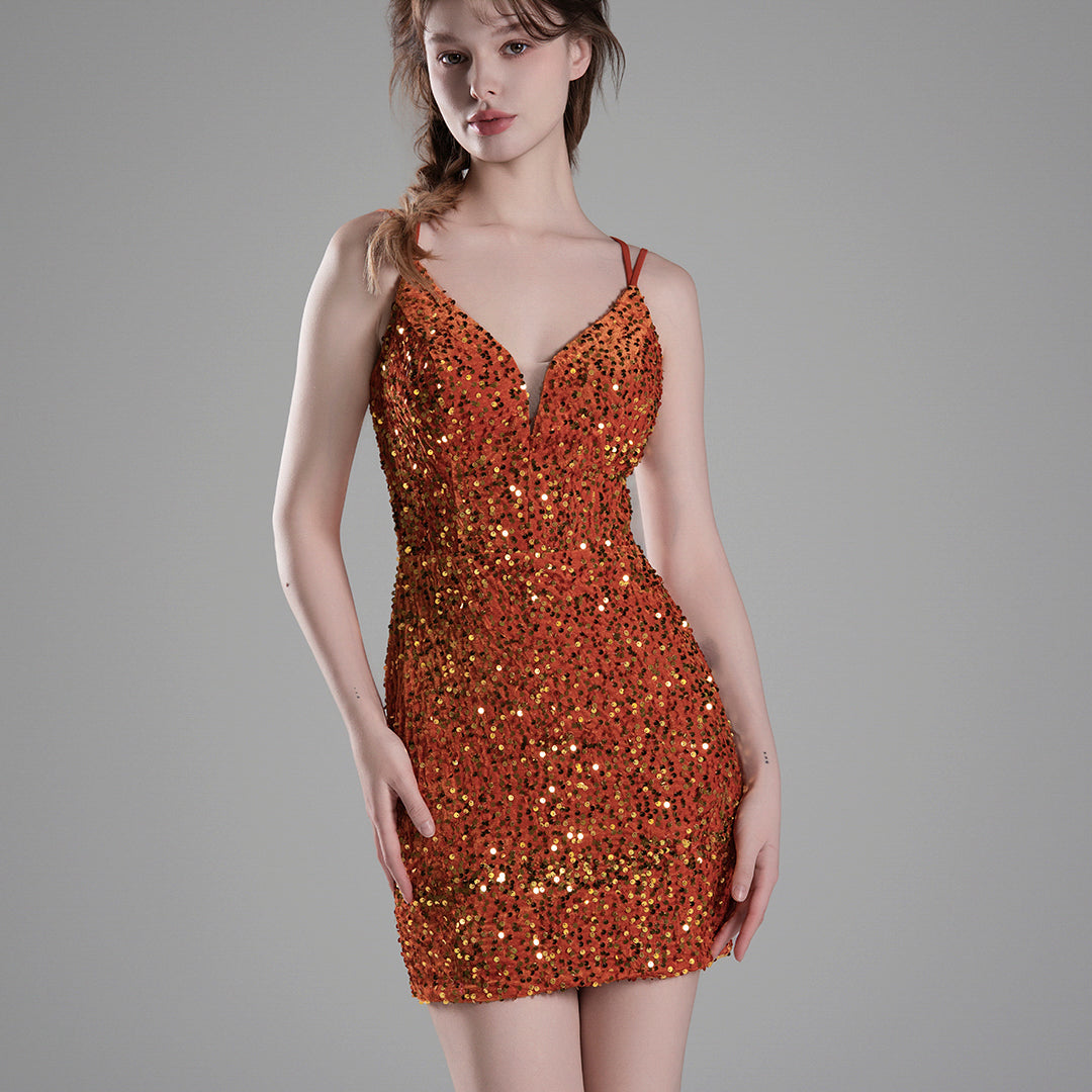 V-Neck Fitted Bodice Sequins Lace-up Mini Dresses