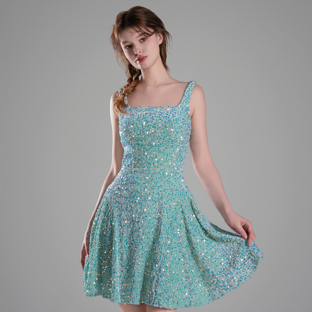 Square-Neck Wide Straps Sequins Pleated Dresses