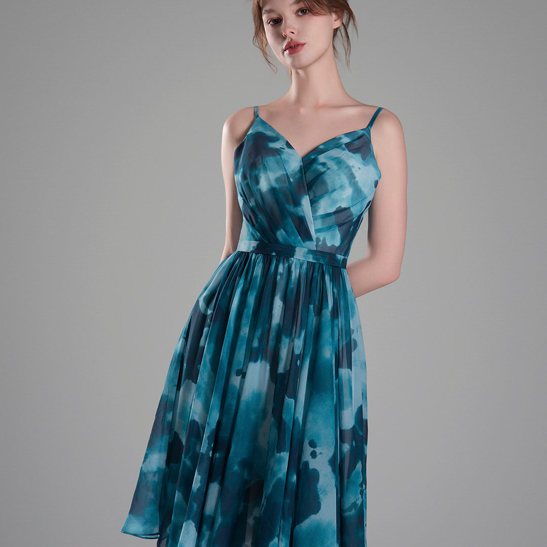 Elegant Pleated Chiffon Dress with Artistic Print