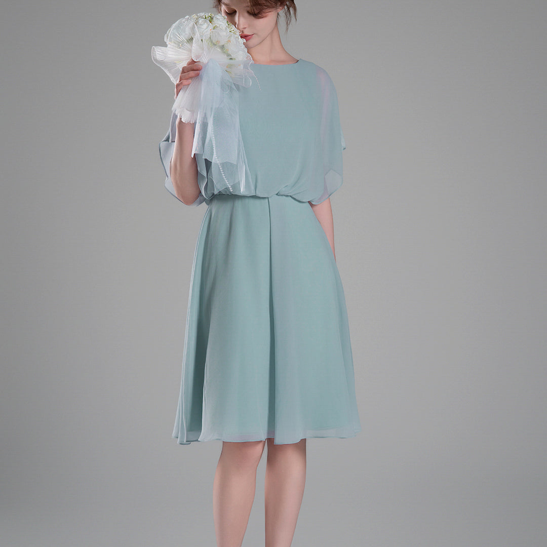 Round Neck Draped Sleeves Tie Detail Dresses