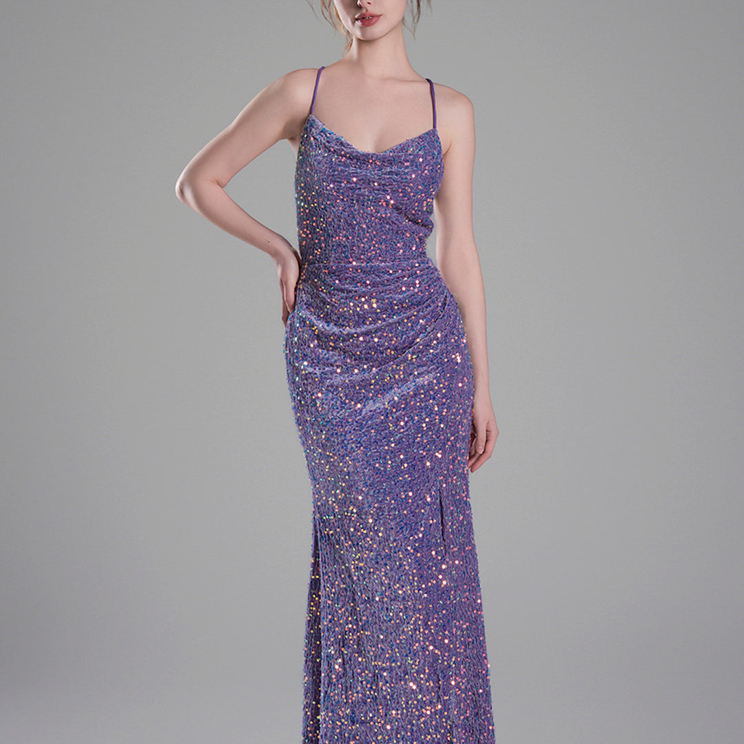 Cowl Neckline Eye-Catching Sequin Lace-Up Dresses