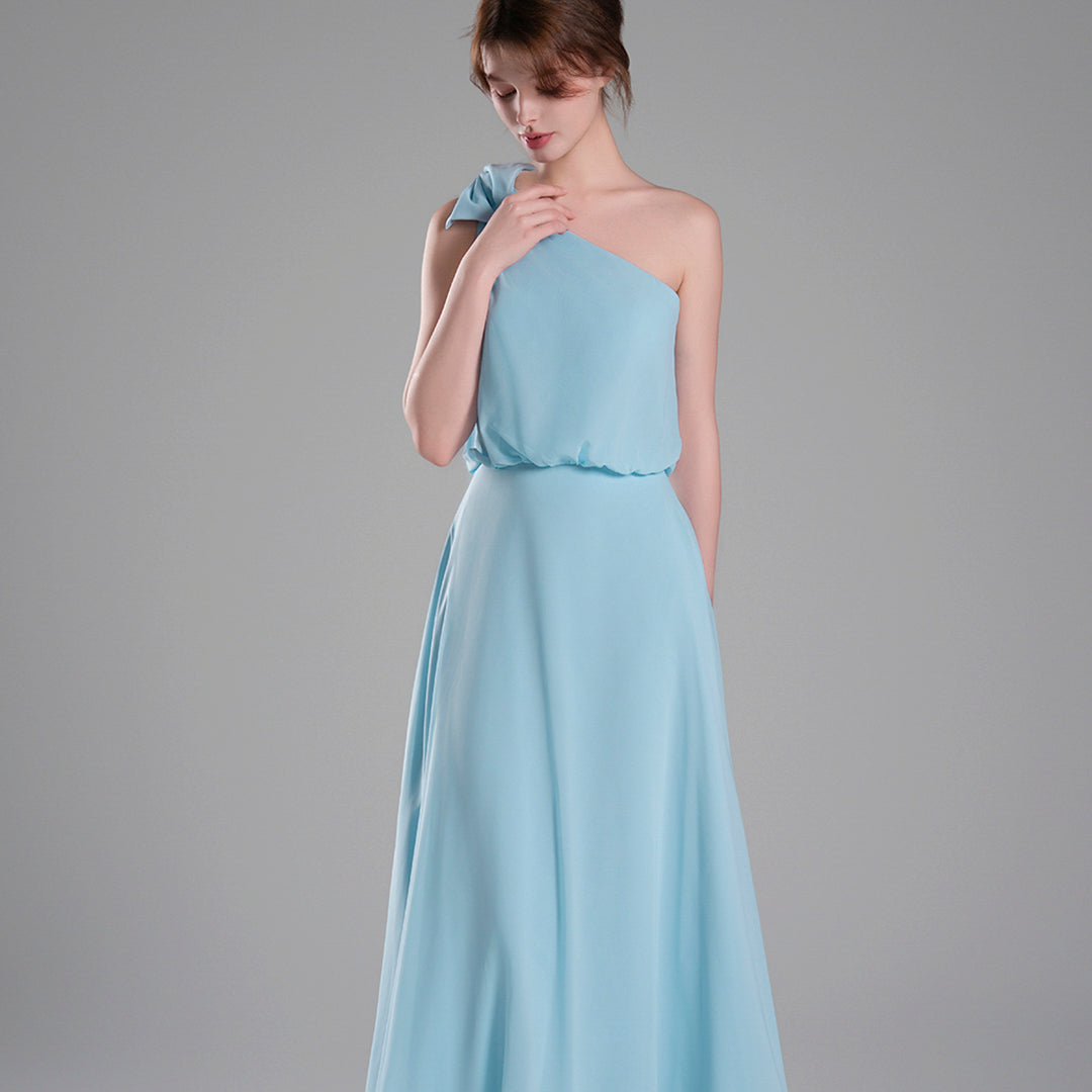 One-Shoulder Bow Detail Flowing A-Line Dresses