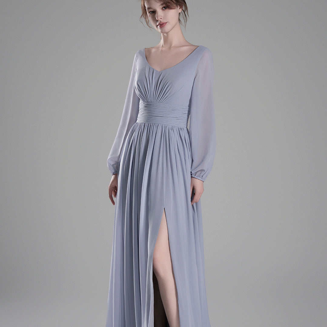 Long Sheer Sleeves V-Back Pleated Slit Dresses