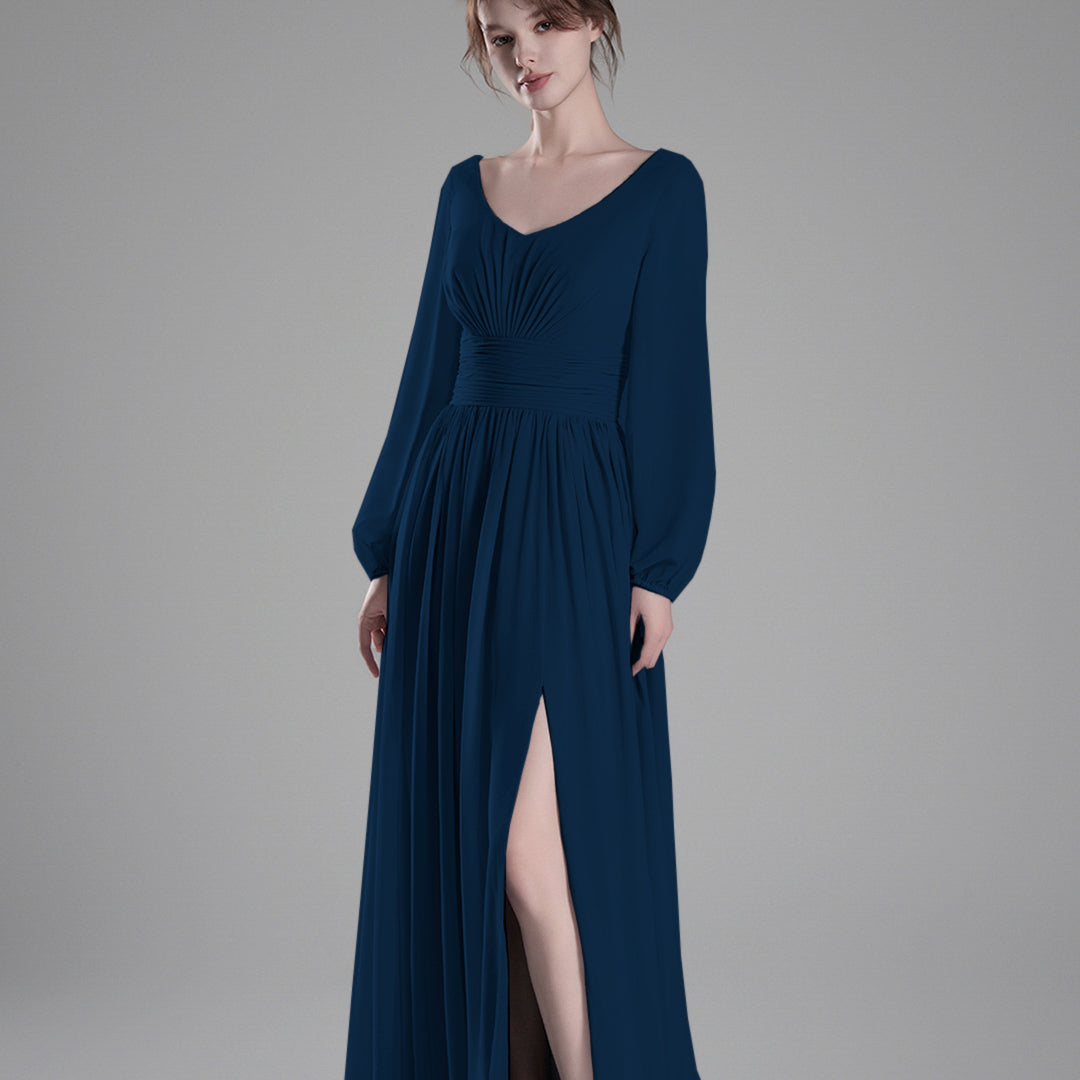 Long Sheer Sleeves V-Back Pleated Slit Dresses