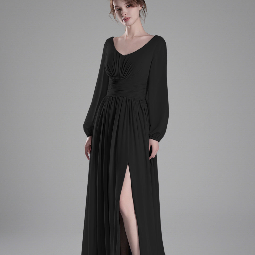 Long Sheer Sleeves V-Back Pleated Slit Dresses