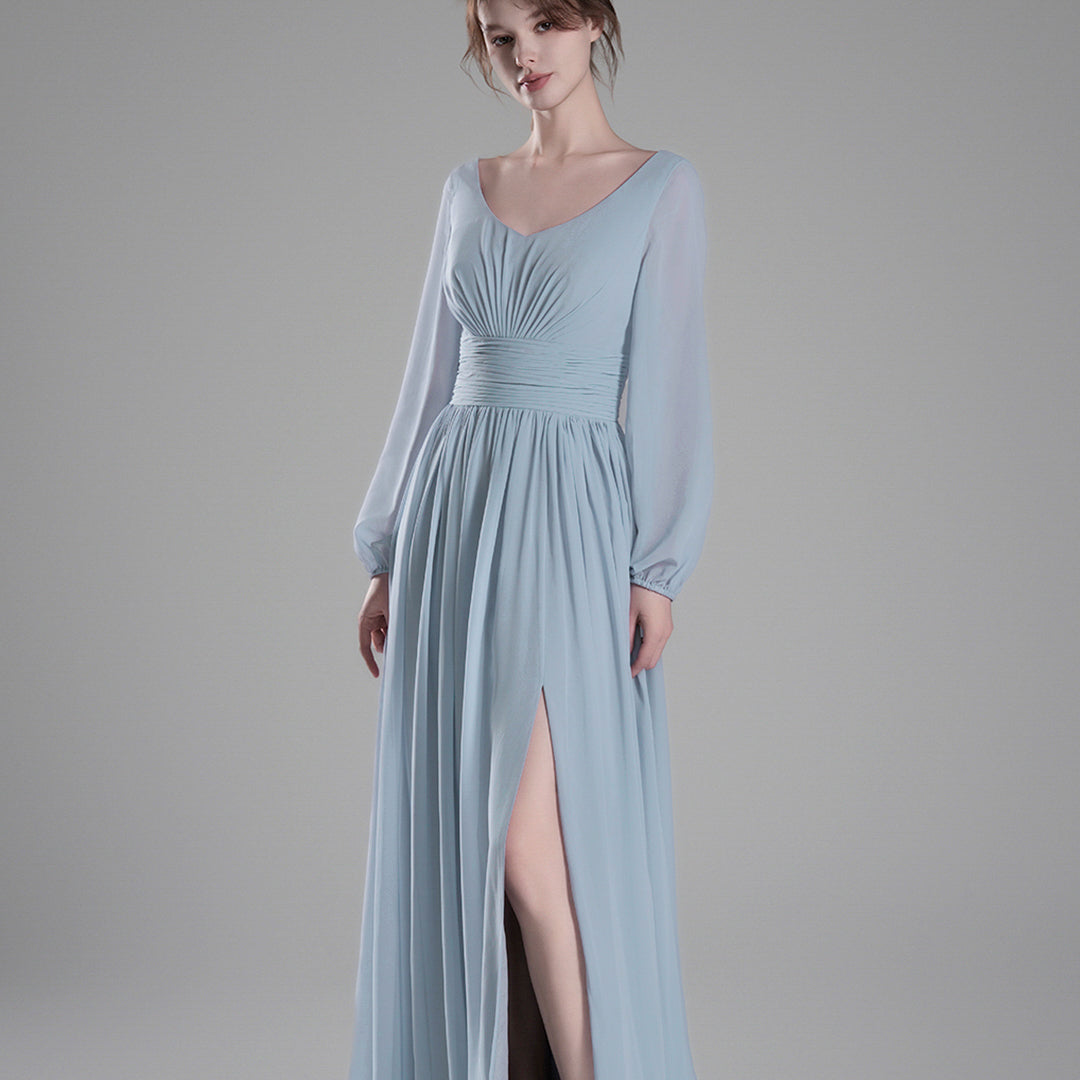 Long Sheer Sleeves V-Back Pleated Slit Dresses