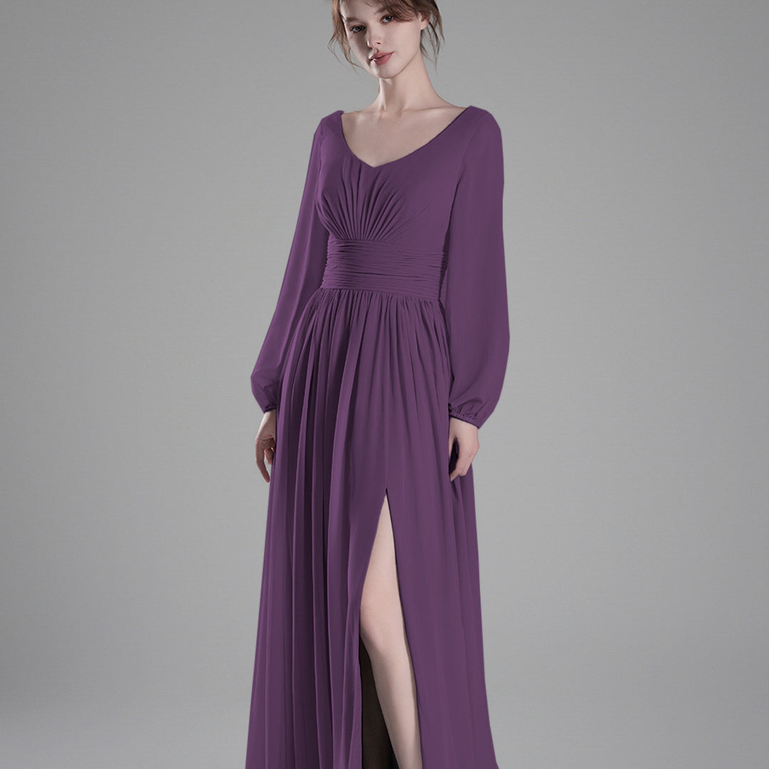 Long Sheer Sleeves V-Back Pleated Slit Dresses