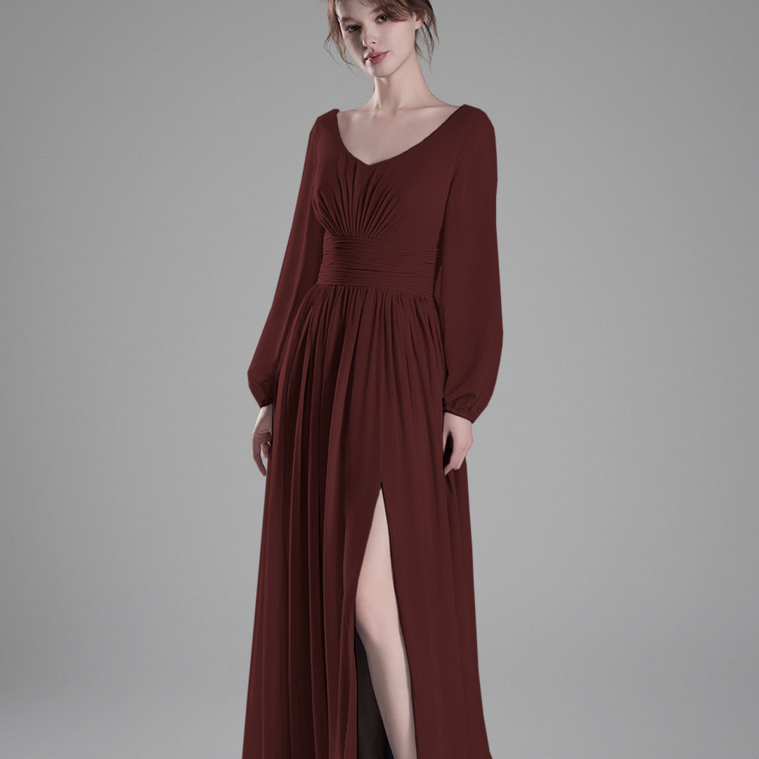Long Sheer Sleeves V-Back Pleated Slit Dresses