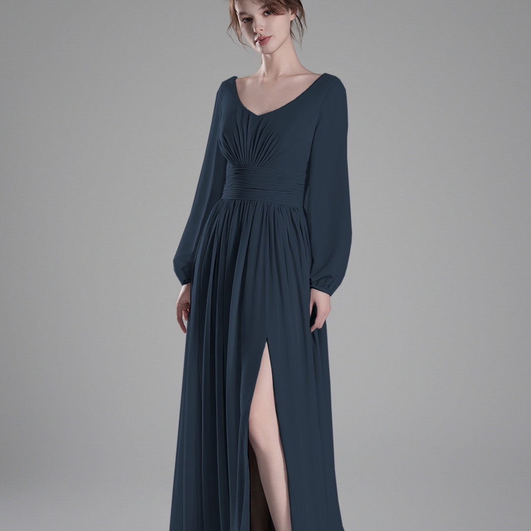 Long Sheer Sleeves V-Back Pleated Slit Dresses
