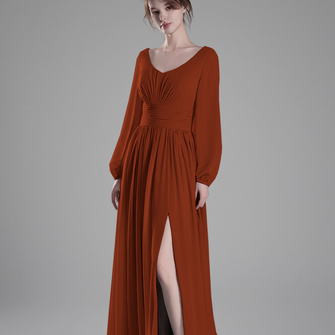 Long Sheer Sleeves V-Back Pleated Slit Dresses