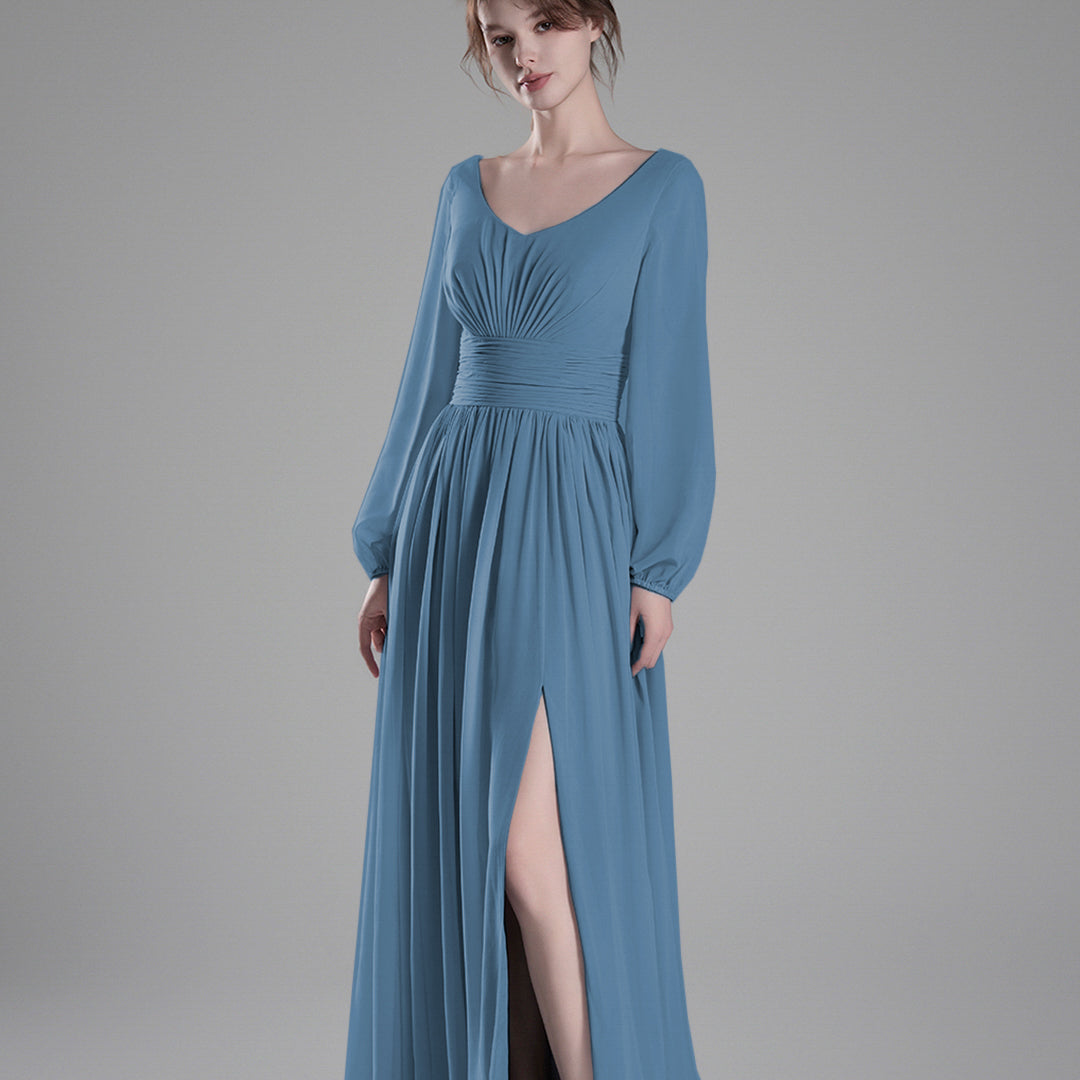 Long Sheer Sleeves V-Back Pleated Slit Dresses