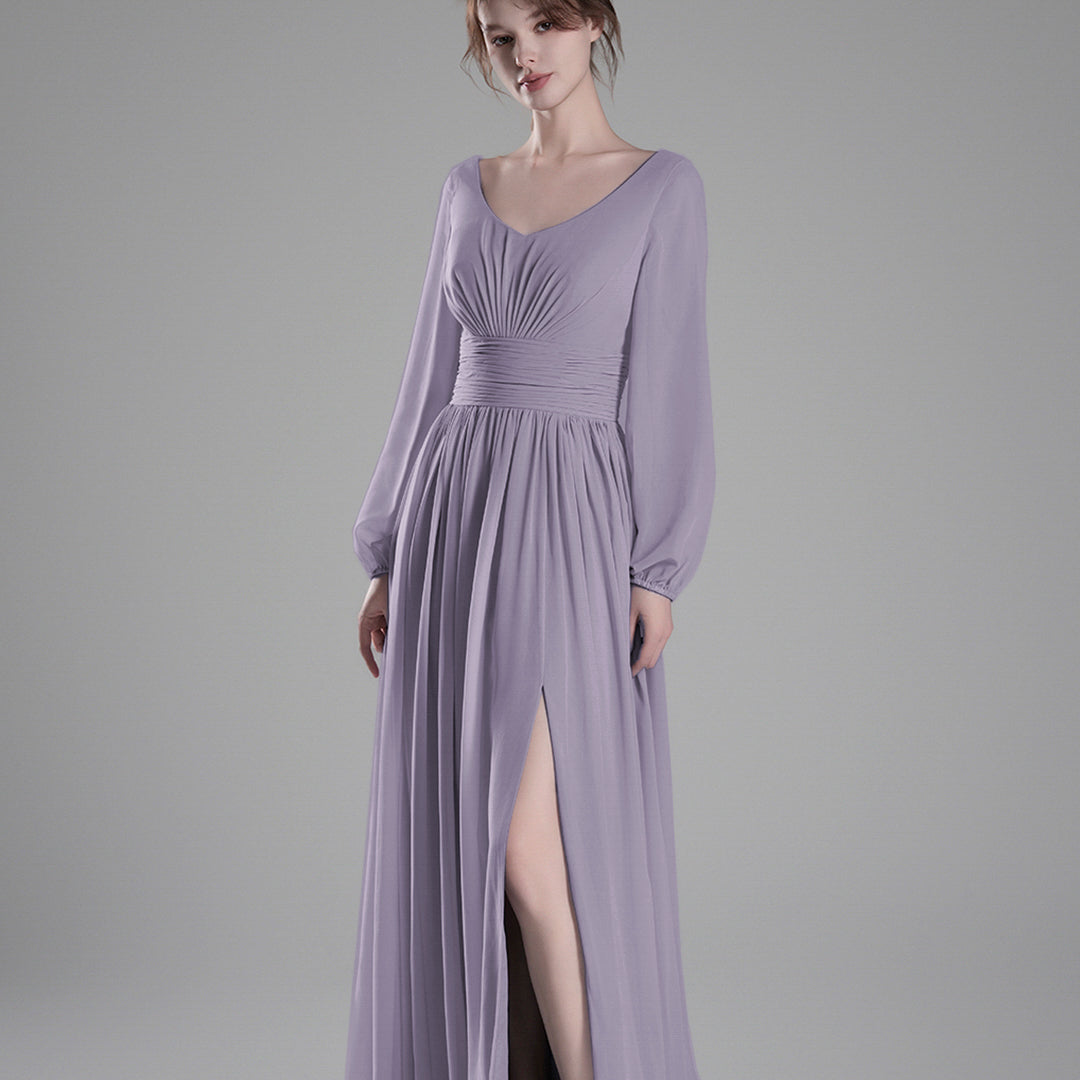 Long Sheer Sleeves V-Back Pleated Slit Dresses